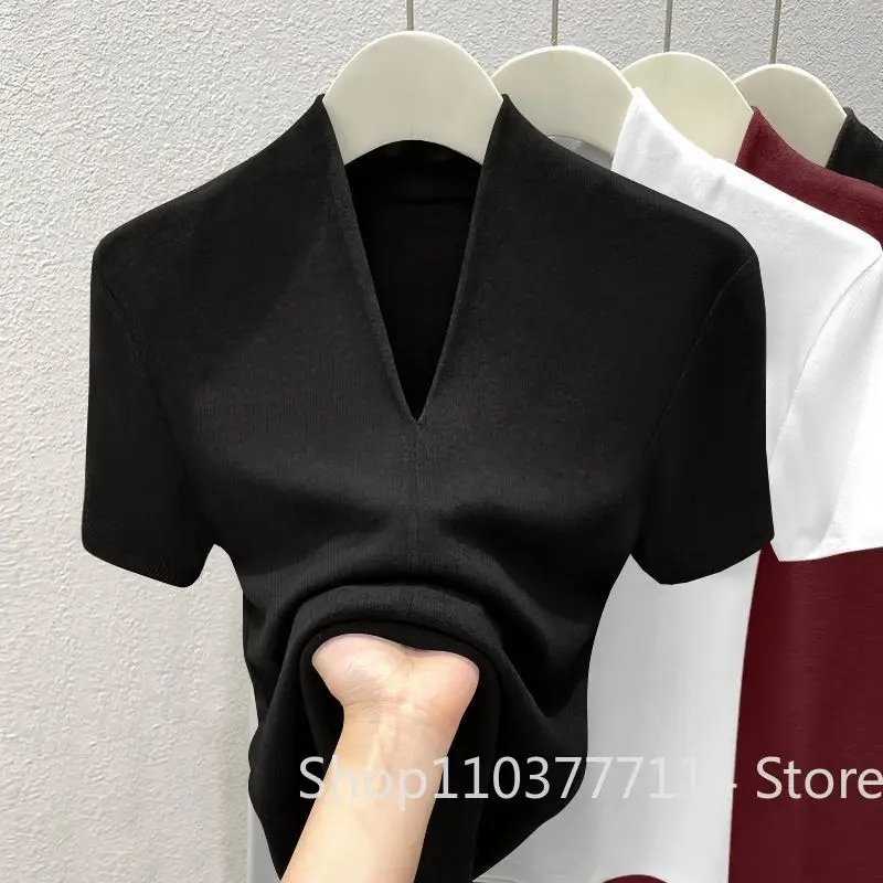 Neues Sommer Sexy V-Ausschnitt Slim T-Shirt für Damen aus Baumwolle, Elastisch, Einfarbig, Lässiges Oberteil mit Kurzen Ärmeln, Atmungsaktiv und Dünn – Detail 7