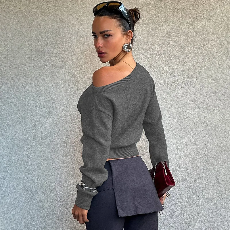 Solid Off-Shoulder Sweater Loose Slash Neck Long Sleeve Knitted Pullovers Women Fashion Sexy Off Shoulder Versatile Short Top