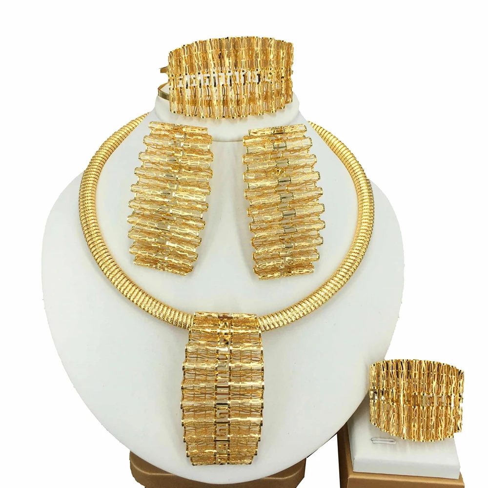 

Fashion Big Italian Style Necklace For Women Christmas Gift Dubai Gold-Plated Ring Bracelet Earrings Jewelry Sets FHK15631