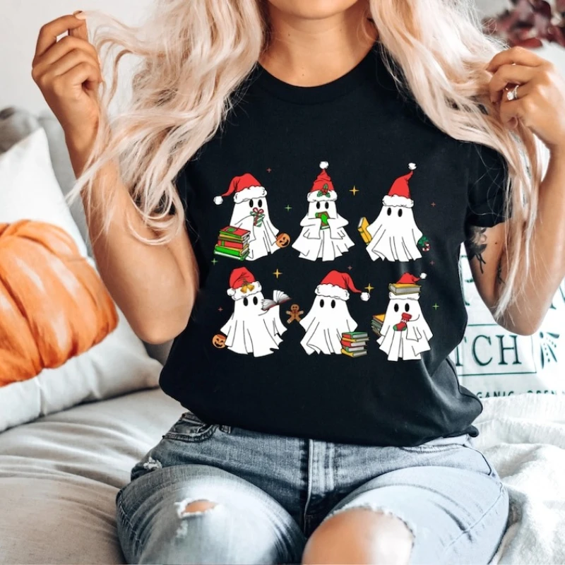 

Kawaii Ghost Book Lover Рождественский подарок для червей Bookish Прекрасная футболка Read More Nerd Футболка с принтом Топы с круглым вырезом в повседневном стиле