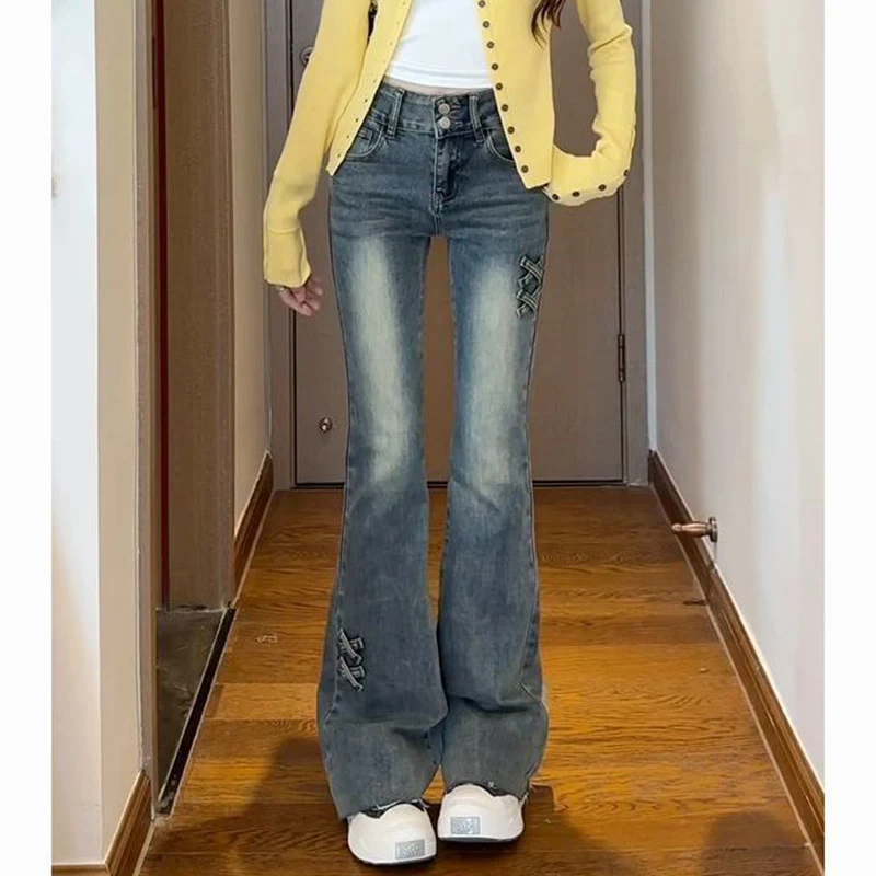 

Female Chic Stretch Straight Leg Flared Jeans Women Korean High Waist Thin Trousers Girls Slim Fit Versatile Denim Pants