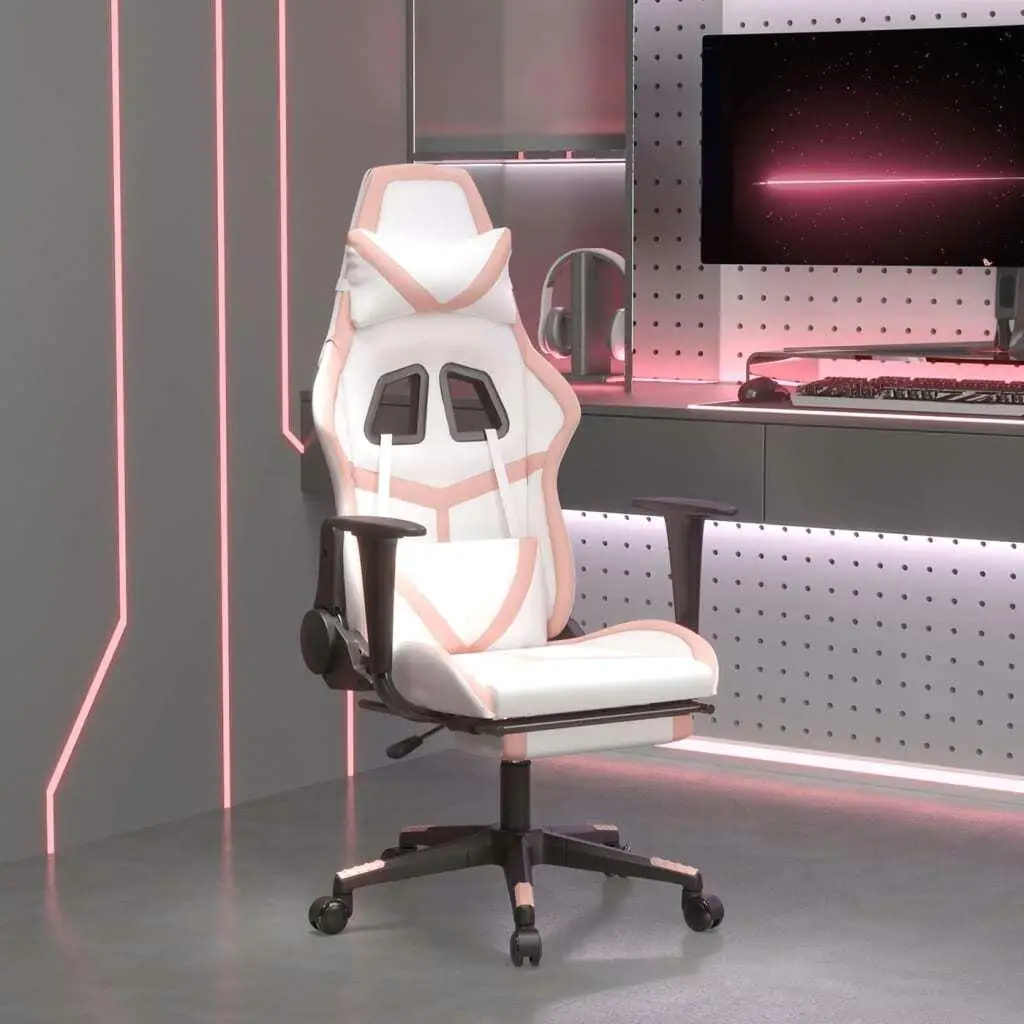 Ergonomic Gaming Chair with Footrest - Stylish White & Faux Leather Design