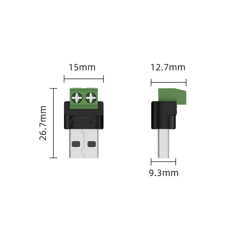 76HD USB Male To 2 Pin Green Terminal Connector 5V5A Quick Charging For Phone Fan