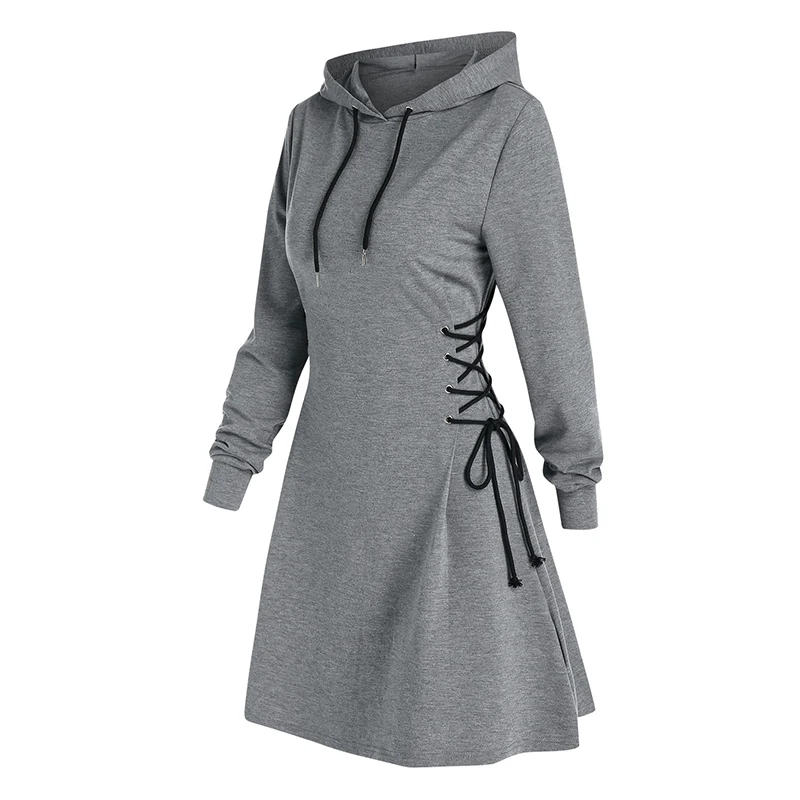 Dressfo 2024 Womens Hoodie Sweatshirts Dresses Plain Lace Up Drawstring Hooded Dress платье толстовка