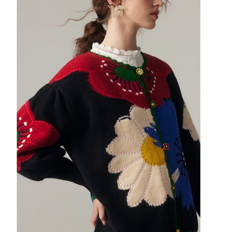 Vintage Flower Embroidery Knitted Top High Quality Women Fashion Cardigan Fashion Trends Autumn/Winter New in Chic Sweater Coat