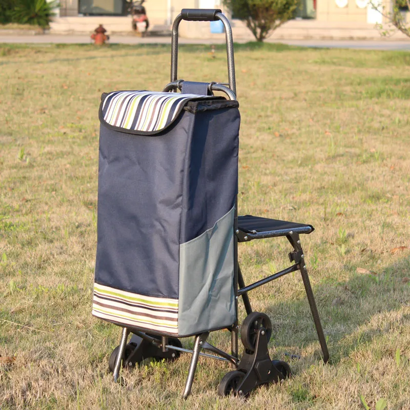 ‌Foldable Shopping Cart with Seat, Heavy-Duty Grocery Trolley, Large Capacity Market Bag, Retractable Handle for Seniors