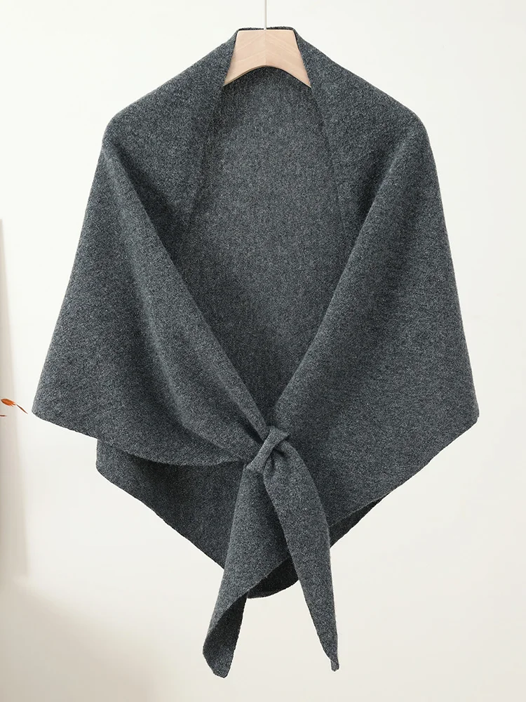 TLOML Women 100% Merino Wool Knit Shawls Autumn Winter Triangular Scarf Cashmere Knitwear Grace Simple Style Pure Color Shawls