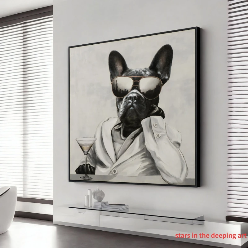 French Bulldog Smoking Dringking Listening To Music Animal Art Poster Canvas Painting Wall Prints Picture Living Room Home Decor