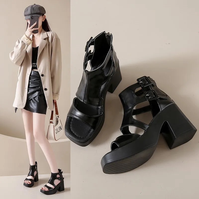 2024 Summer Hollow Fish Mouth Roman Shoes  Sandals Thick Heel Platform Female Cool Boots Fashion  High Heels Pumps