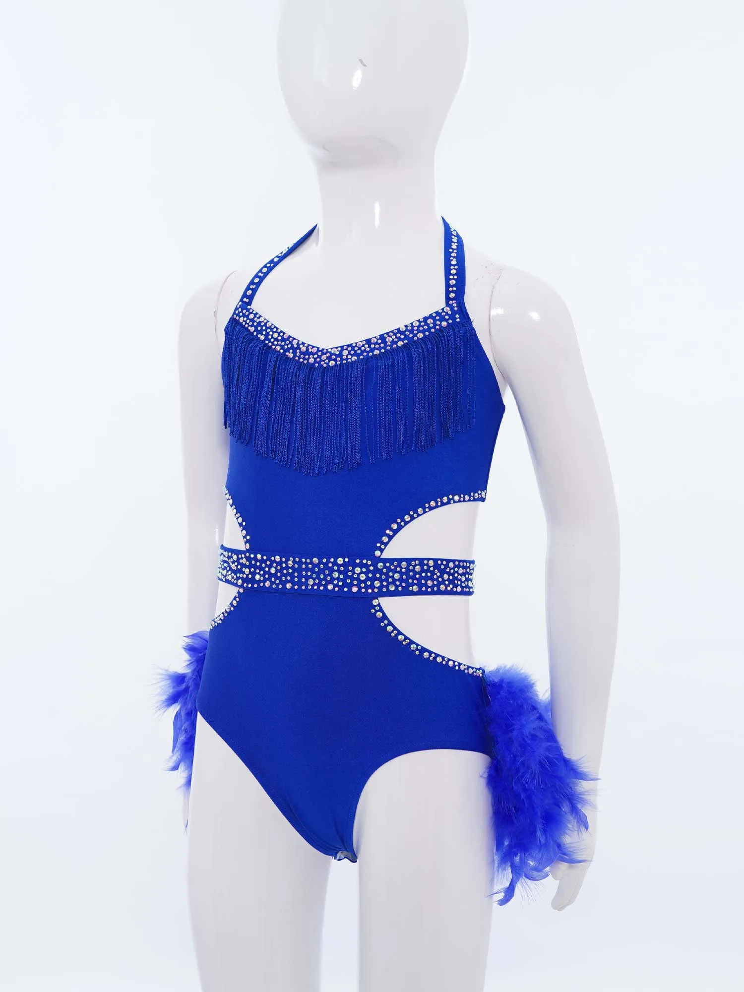 Robes de justaucorps de ballet pour enfants, robes de danse latine sans manches à plumes, robe de danse latine pour fille, découpes, costume de danse et de patinage