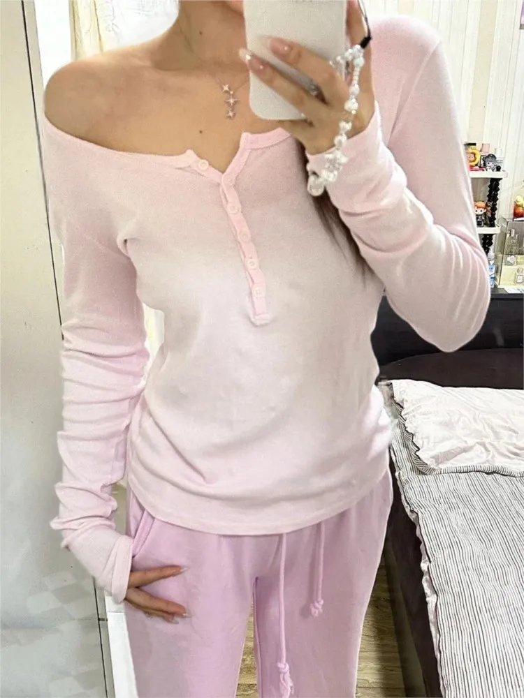 

Pink Six Buttons Thin Long Sleeve T-shirts Women Spring Round Neck Cotton Slim Tee Top Female Cute Sweet Tshirt Y2k Tops New