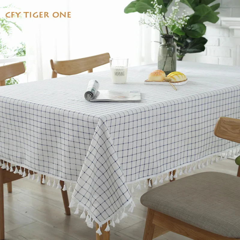 

Thick Cotton and Linen Plaid with White Background and Blue Thread Rectangular Tablecloth Resistant Coffee Table Mat Table Cover