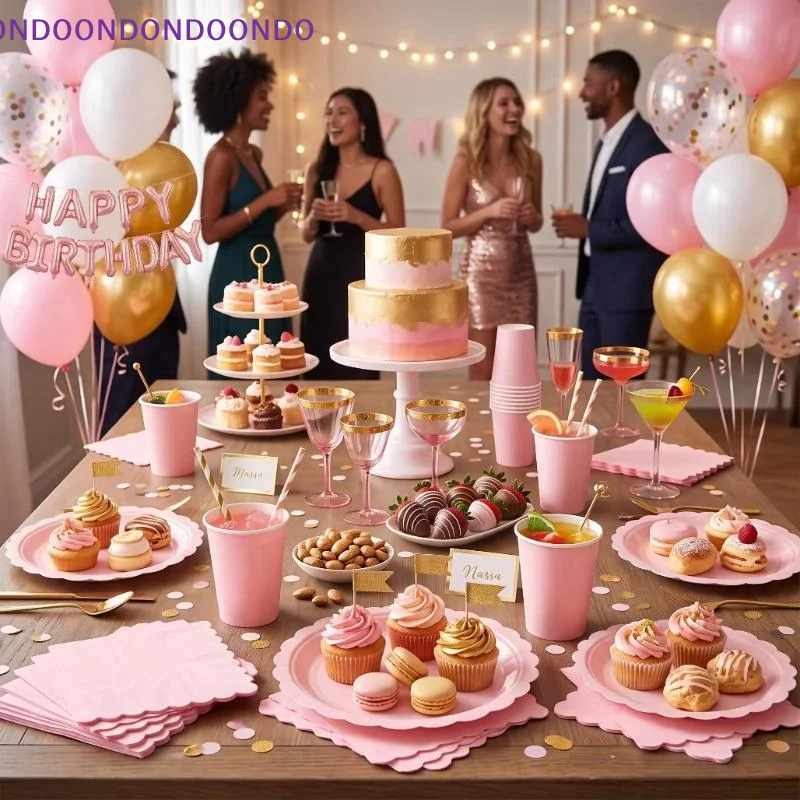 Pink Scalloped Disposable Dinnerware Set Eco-Friendly Paper Plates Cups Napkins for Bridal Tea Party Activities