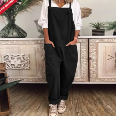 Jumpsuits women 2026 rompers summer new solid-color casual pocket sleeveless cotton linen adjustable straps jumpsuits clothing