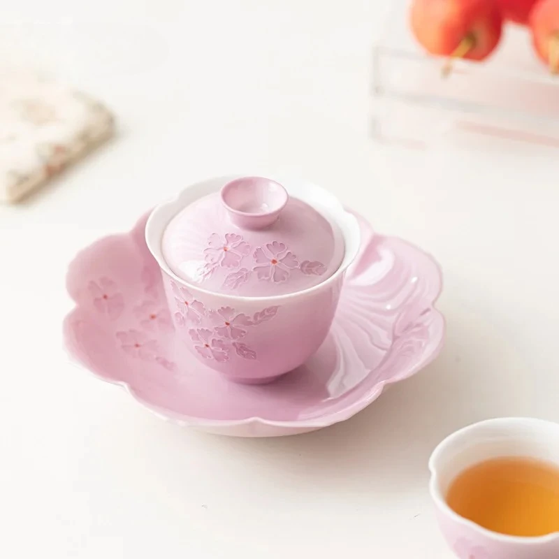 White Porcelain Stack Carving Hand-painted Cherry Blossom Cover Bowl Pot Bearing Lady's Tea Bowl Ceramic Kung Fu Single Gaiwan