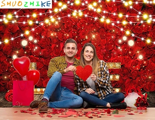 عيد الحب خلفية بريق ريفي الخشب الأحمر الحب القلب الزفاف دش حفل زفاف التصوير خلفية ديكور استوديو الصور #5