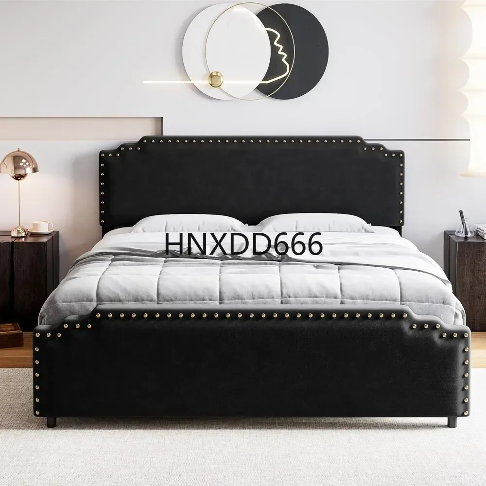 

Каркас кровати размера «queen-size» с изголовьем, кровать-платформа с бархатной обивкой и декором из заклепков, сверхмощный, не требуется коробчатая пружина, простая сборка
