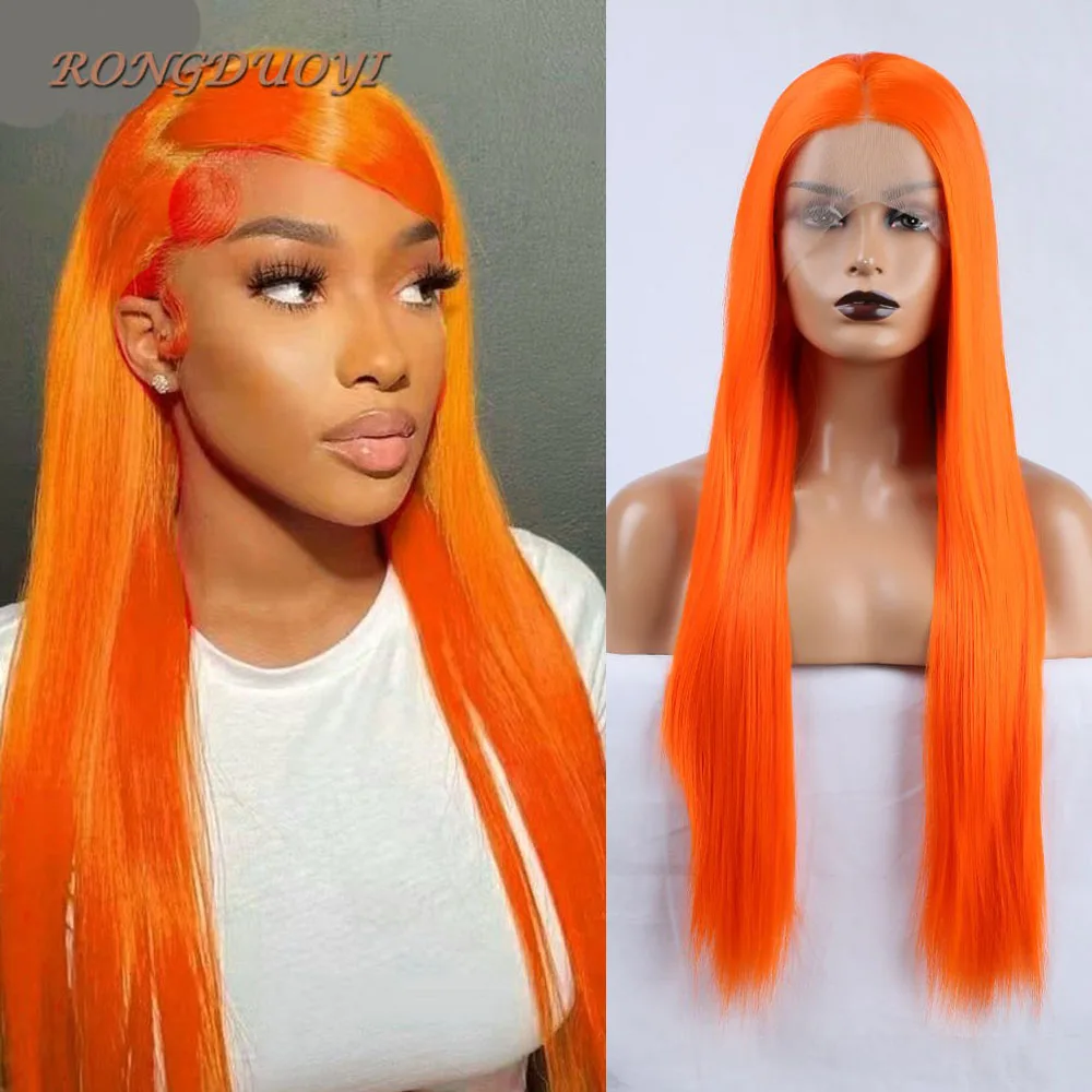 RONGDUOYI Orange Wig Long Straight Lace Front Wigs For Women Use Synthetic Wig Natural Hairline Glueless Lace Front Cosplay Hair