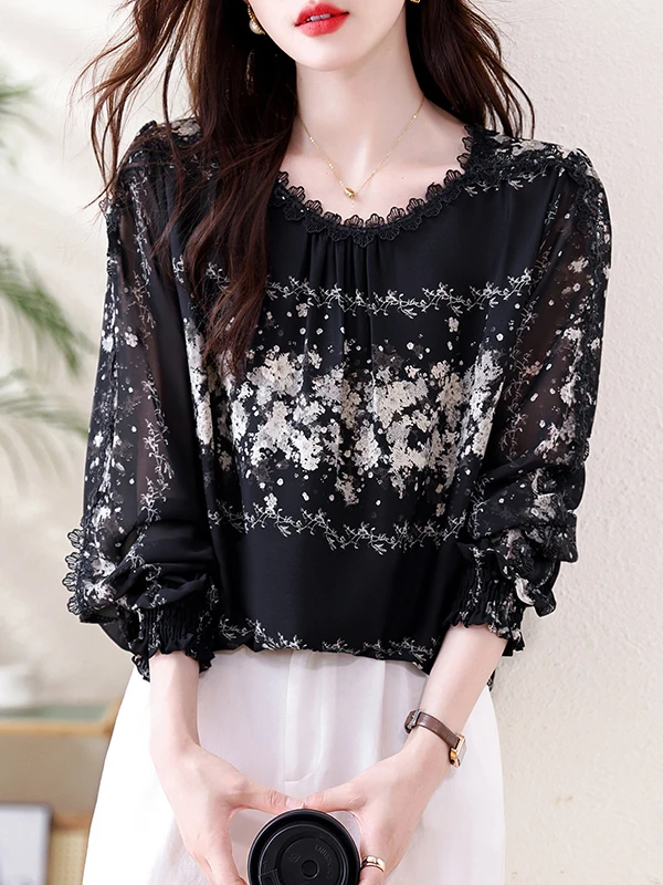 التخسيس الدانتيل طباعة هملين irt للنساء Ele خمر ربيع الخريف جديد Sle الأزهار منقوشة طويلة Sve جولة Ne أعلى