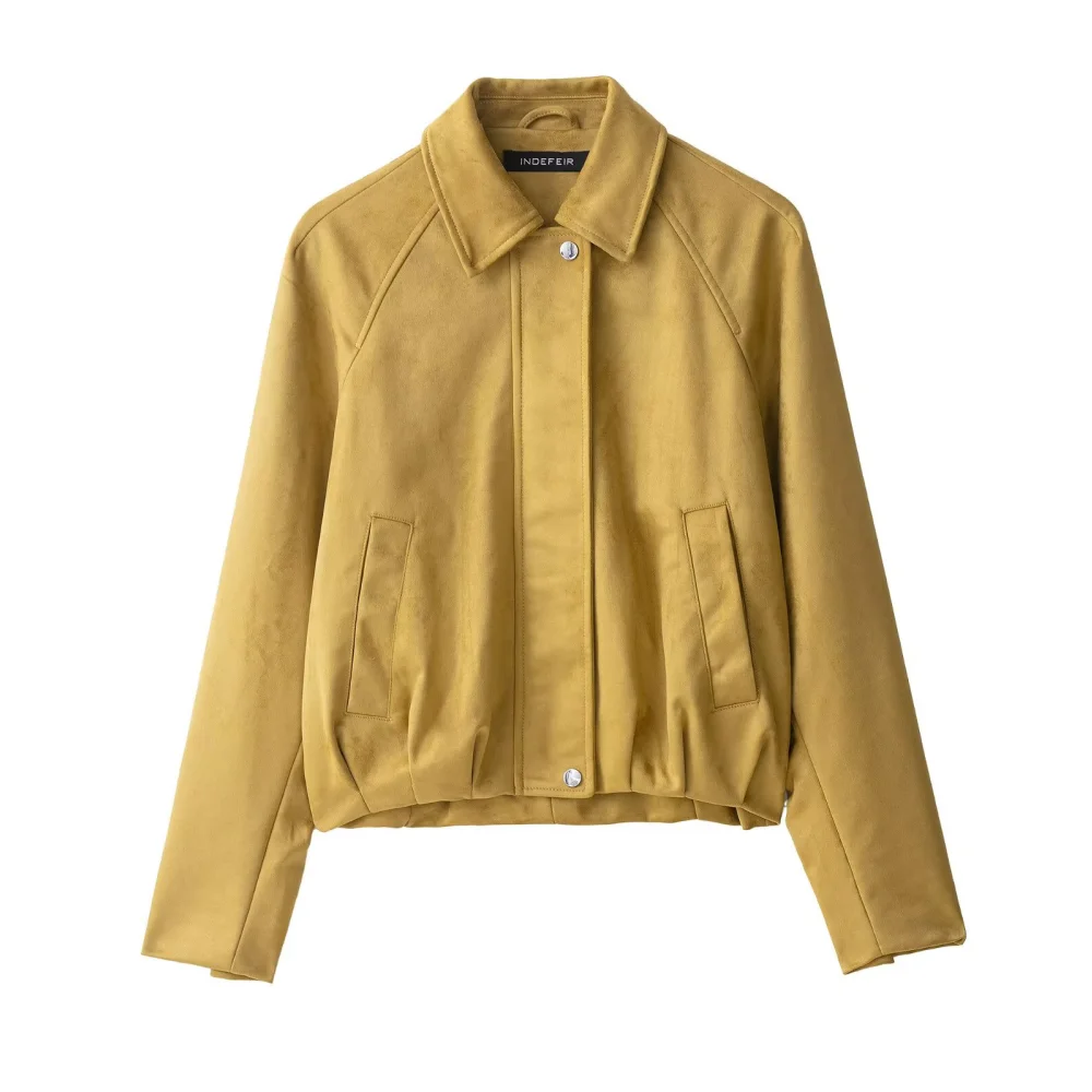 Jaket longgar wanita berbahan suede dengan kerah, lengan panjang, kancing, ritsleting, dan saku, jaket mode baru untuk musim gugur dan musim dingin.