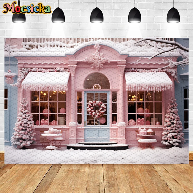 Mocsicka-Arrière-plan de photographie de magasin de bonbons d'hiver, toile de fond de portrait d'enfants, décor de fête d'anniversaire, arbre de Noël rose, décor de neige
