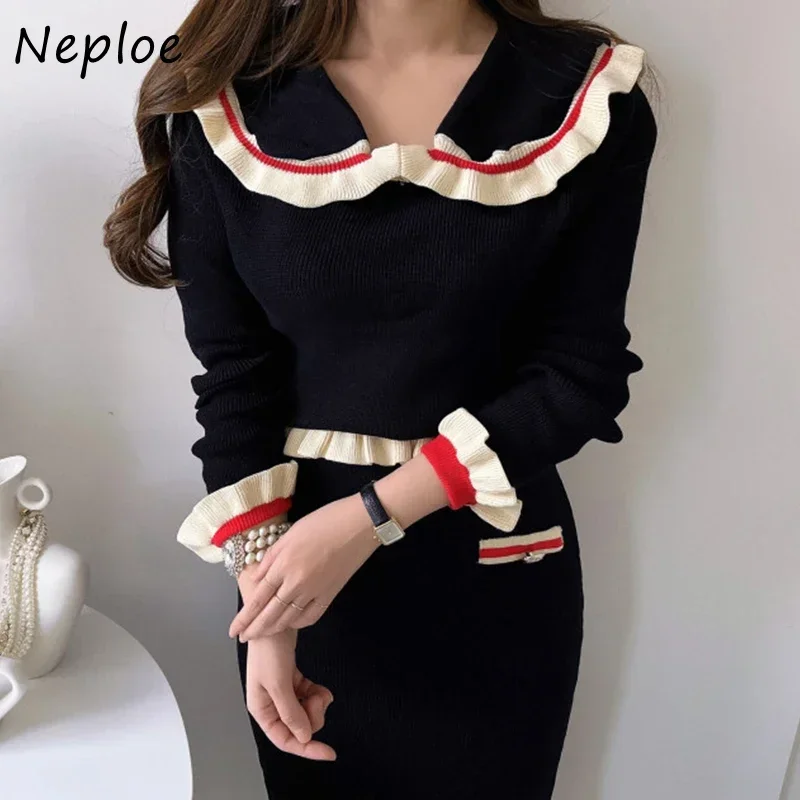 Neploe 2024 Autumn Sweet Two Piece Sets Age Reducing Peter Pan Collar Long Sleeve Sweater High Waist Slim Wrap Hip Half Skirt