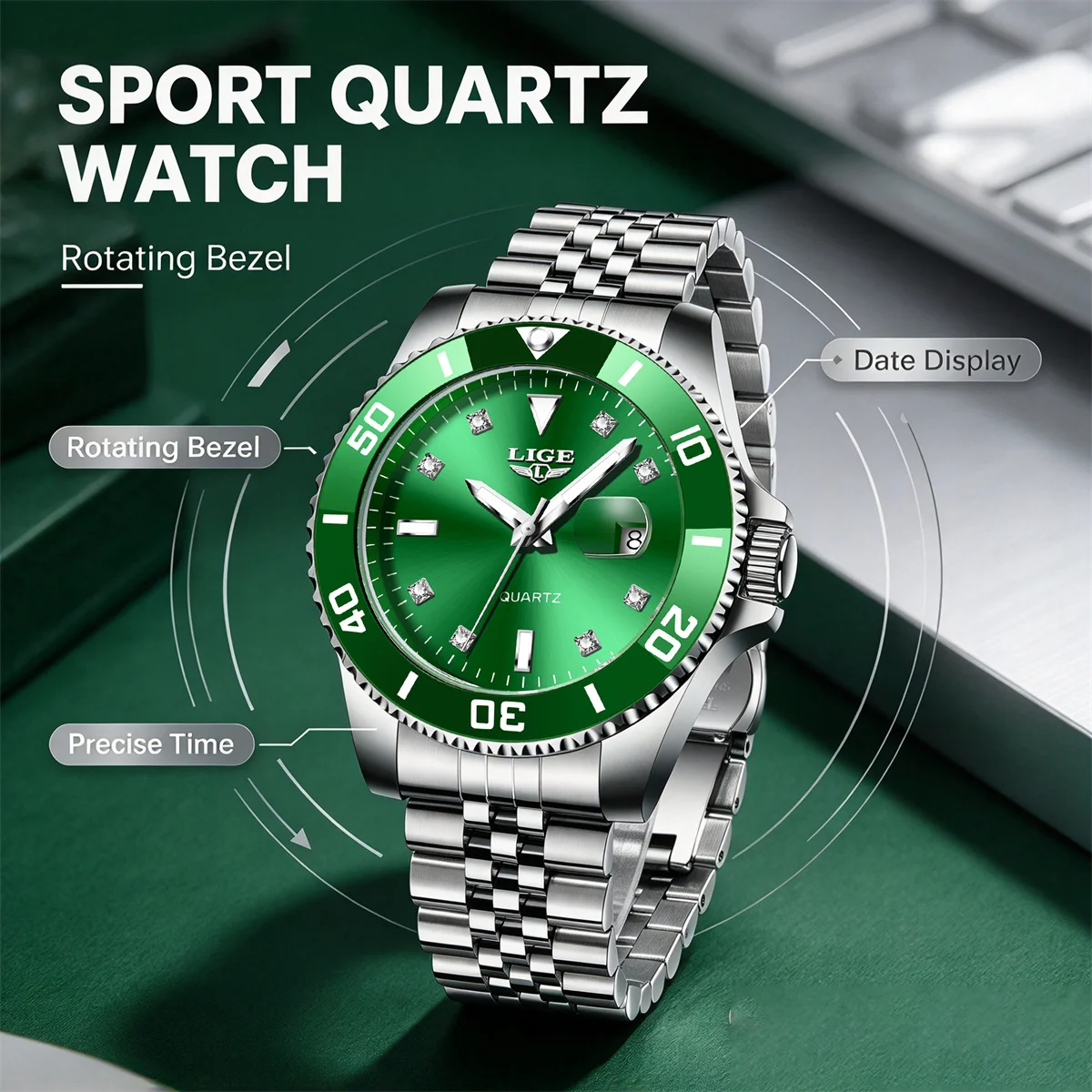 LIGE Men Quartz Watch Green Waterproof Watch for Men Stainless Steel Quartz Men Luxury Watch Luminous Wristwatch Reloj Hombre