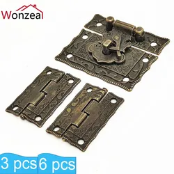 Antique Bronze Padlock Wood Box Latch Hasp Clasp+2pcs Suitcase Cabinet Hinge Furniture Fittings Decorative Hardware