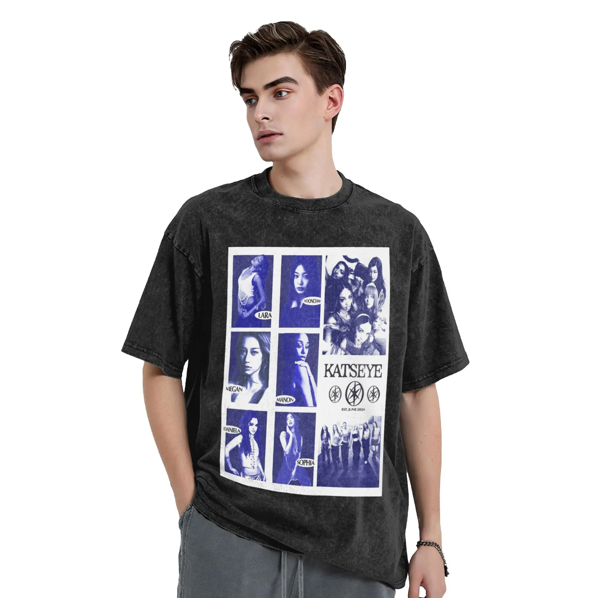 Mens T Shirt Blue Katseye Kpop Washed T-Shirts Trending  Summer Tees Streetwear Print Casual Clothes Hot Sale