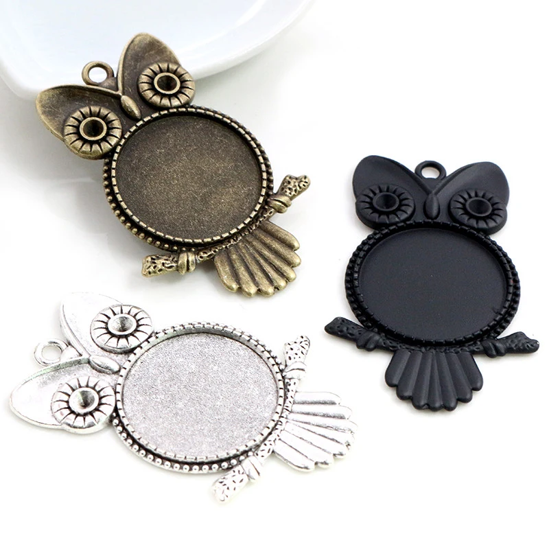 Nova moda 5 pçs 25mm tamanho interno antigo prata chapeado preto bronze coruja cabochão base de ajuste encantos pingente