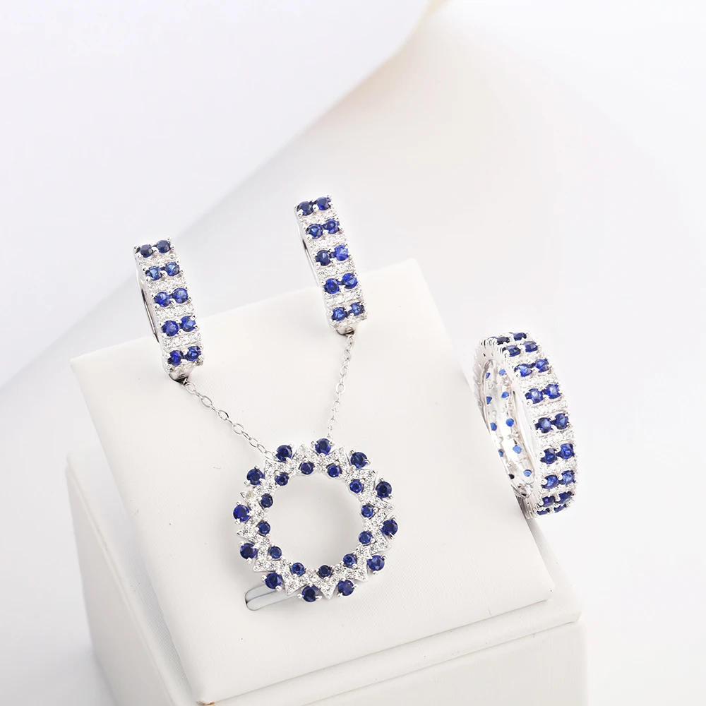 CHARMING 2025 Blue Sapphire Jewelry Set Lab Grown Gemstone 925 Sterling Silver for Women Stud Earring Necklace Ring Vintage Gift