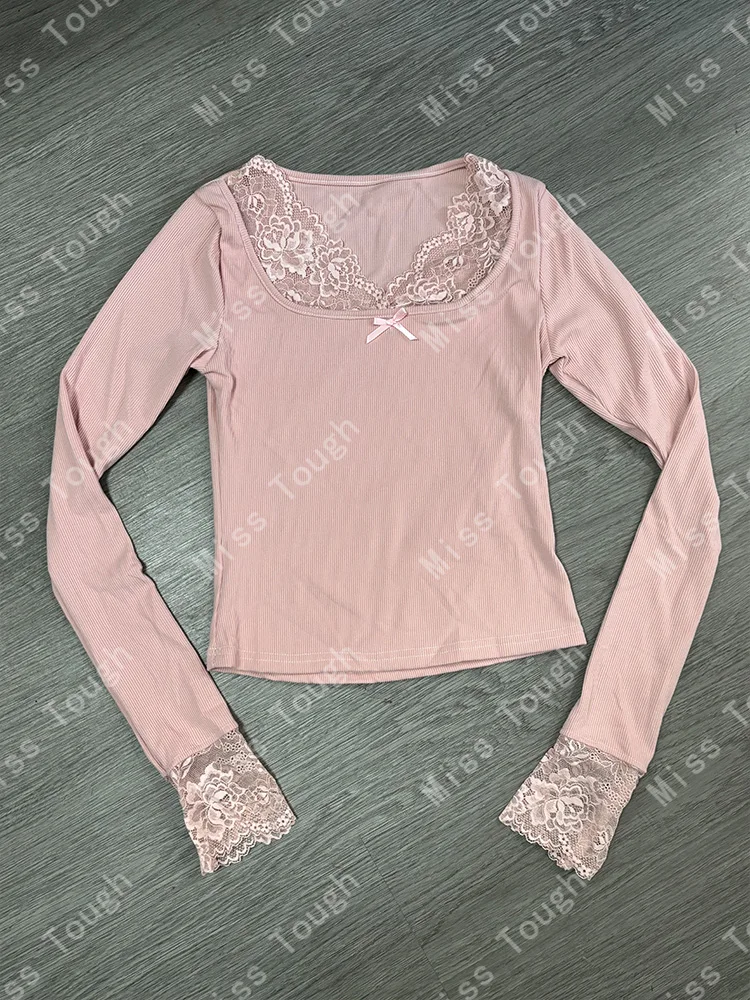 Pink Sexy V-neck Lace Stitching Bow T-shirt Women Autumn Winter Sweet Long Sleeve Slim Tops Korea Chic Design Casual Blouse 2025