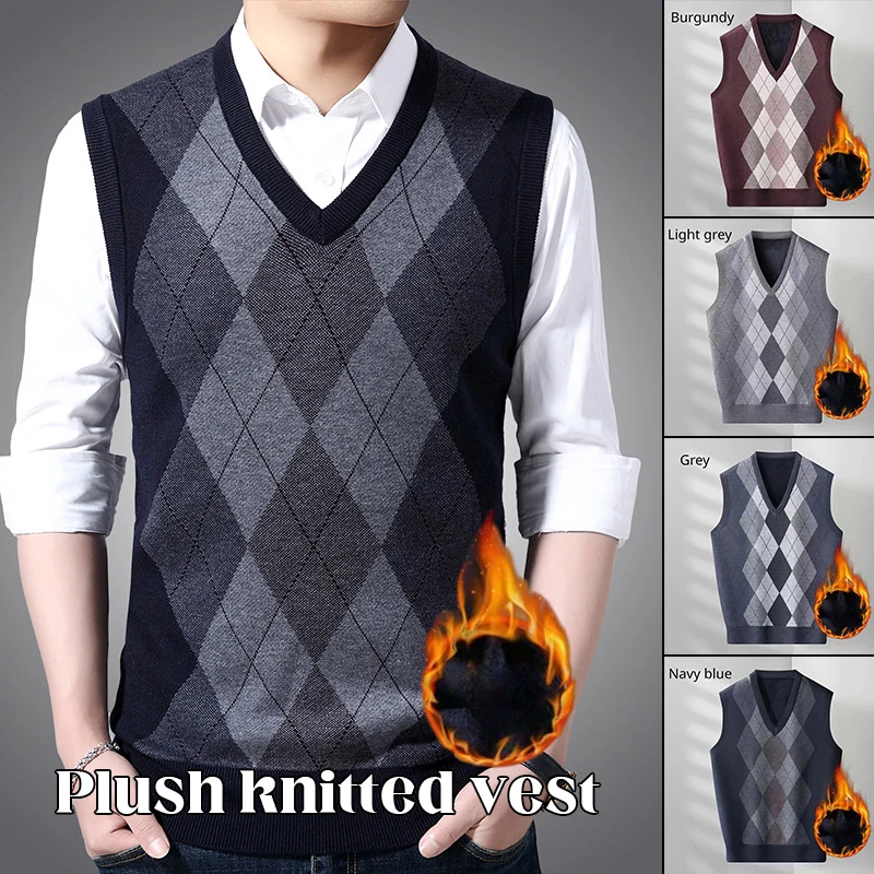 

Men Winter Thermal Knit Vest Sweater Thick Velvet Knitted Sweater V-Neck Sleeveless Pullover Jumper Knitwear Tank Tops