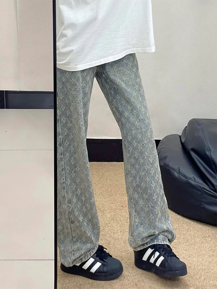 

Мужские джинсы American High Street прямого кроя в пол, модные брендовые брюки с вышивкой, уникальный дизайн, эффект микро-клеш