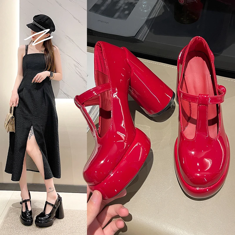 Mary Jane Zapatos De tacón grueso para Mujer, calzado informal a la moda, color rojo, Otoño, 2024