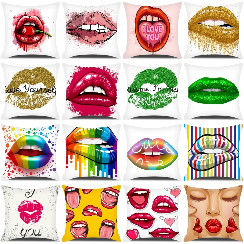 

Flaming Hot Lips Printed Cushion Cover Sexy Lips Pillowcase Individual Cushion Case Home Living Room Decor Pillow Cover for Sofa