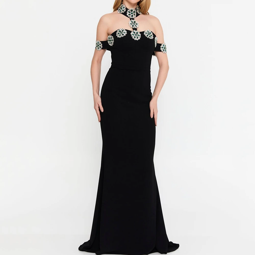 

Customized Mermaid Evening Dresses Floor-length High-neck Sleeveless Prom Gown Fashion Crystal Simple Draped Backless Party Gown