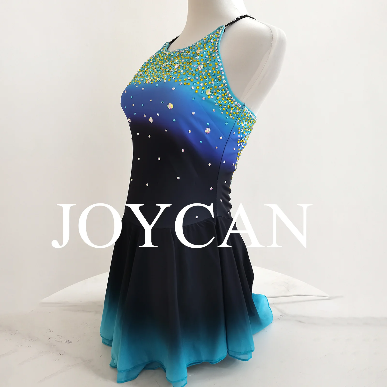 JoyCan Ice Figure Skating Gaun Gadis Biru Dan Hijau Spandex Melar Kompetisi Dansa Pakaian Disesuaikan