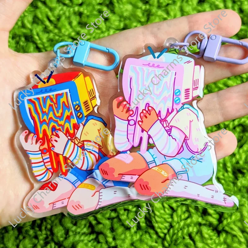 Trippy Retro TV Head Cartoon Acrylic Bag Charm Y2K Glitch Pastel Figure Backpack Pendant Streetwear Accessory