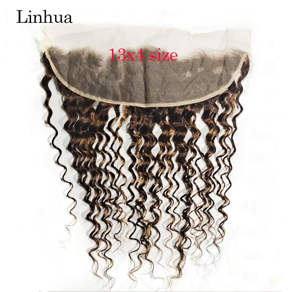 Llinhua Deep Wave Human Hair Lace Closure 4x4  5x5 13x4 Transparent Lace Frontal Highlight P4/27 Ombre Brown Honey Blonde