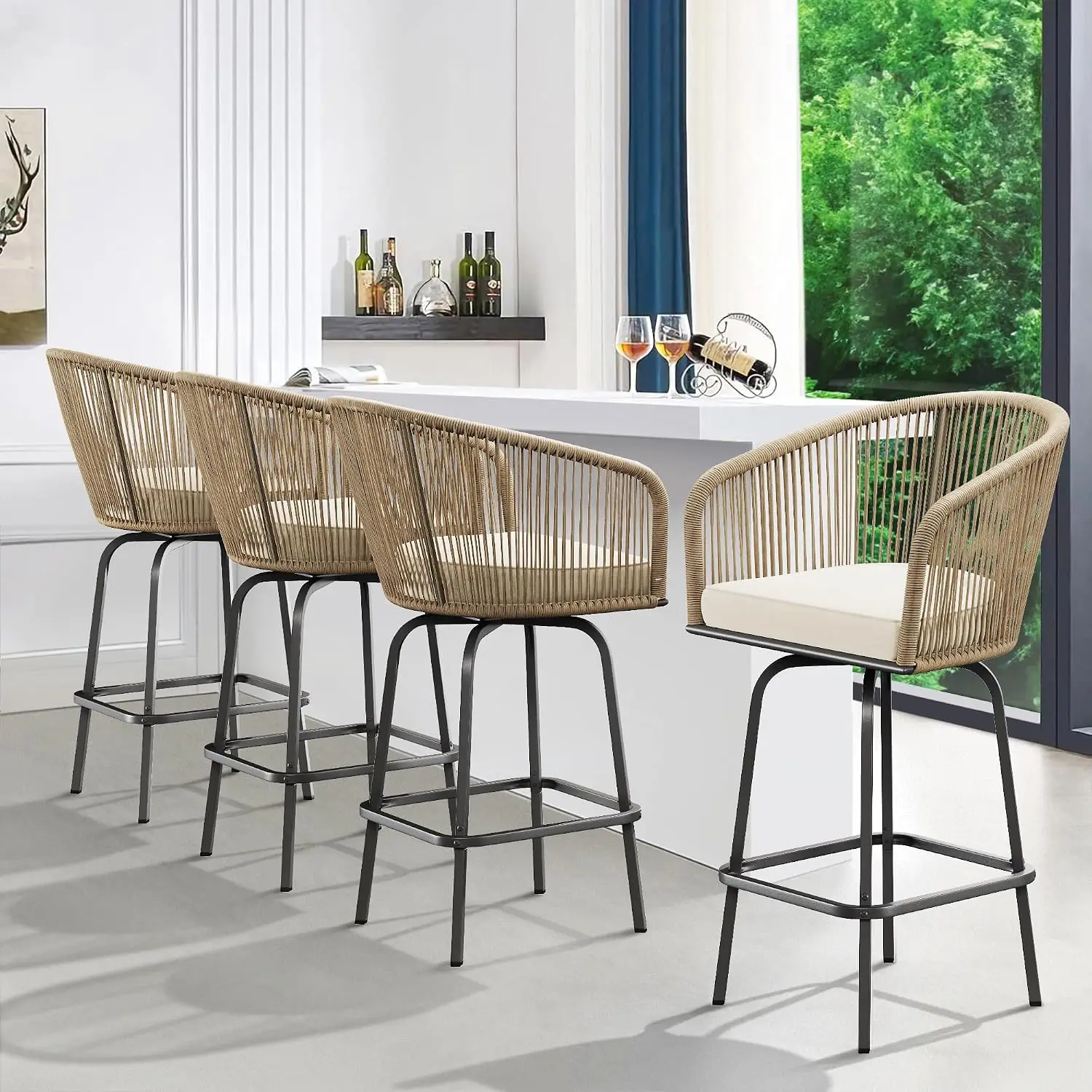 Outdoor Bar Stools 4-Pack, Swivel Rattan Patio Chairs with Cushions, Backyard Poolside Garden, 360 Rotation, Customized