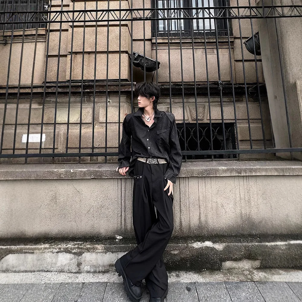 

2026 New Men's Textured Cracked Black Long Sleeve Shirt Edgy Loose Premium Shirt Jacket For Streetwear Guys