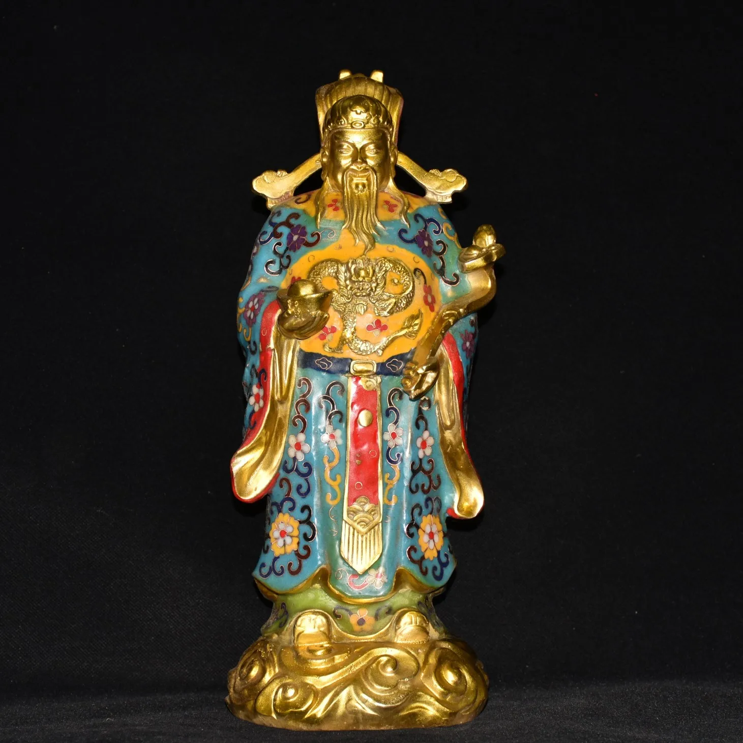 14"Nepalese folk Old Bronze Cloisonne Enamel Flower Dragon Texture Ruyi Yuanbao Coins God of Wealth Worship Hall