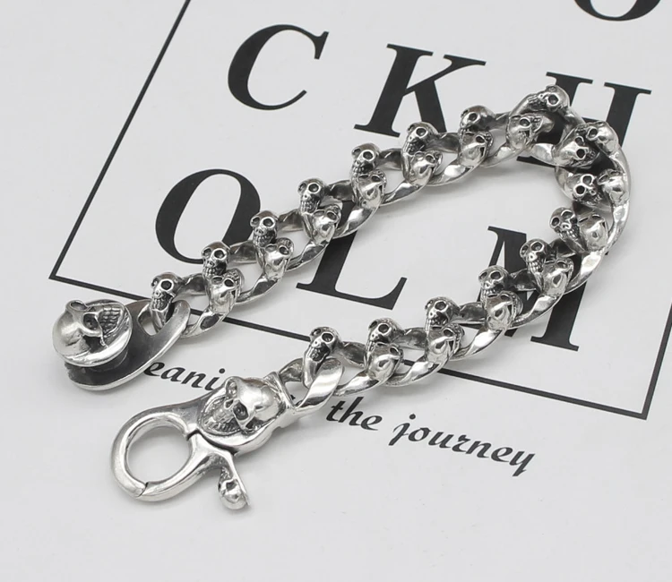 S925 Sterling Silver Aggressive Punk Skull Tank Bracelet Vintage Fashion Personality Trendy Men's INS New Cuban Product