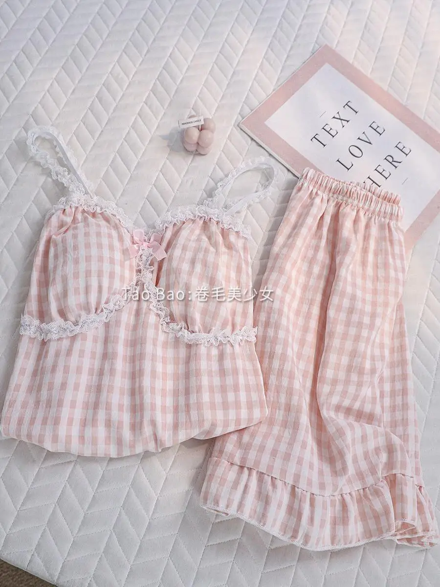 Summer New Japanese Original Sweet Princess Style Suspender Pajamas Set Cute Girl Lace with Chest Pad Loungewear