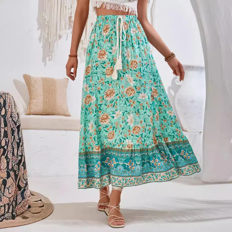 Hot Selling Independently Designed and Developed Women's Summer Casual Printed Waist Rope Skirt with Drawstring