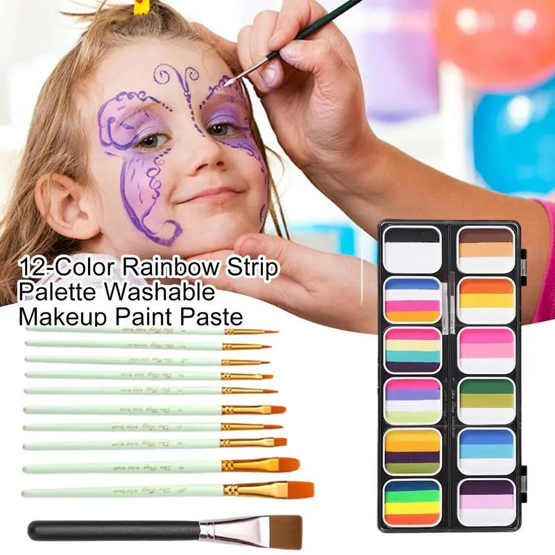 Paleta de pintura facial de arco iris, juego de pigmentos de pintura facial y corporal, profesional, lavable, Kit de maquillaje, 12 colores