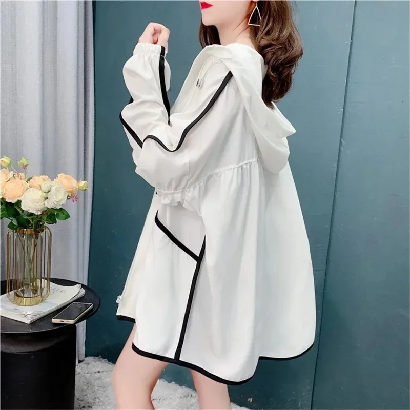 

Sun Protection Clothing in The Long Coat Womens Summer New Fashion Loose Contrast Hooded Thin Cardigan Loose Stitching Coat