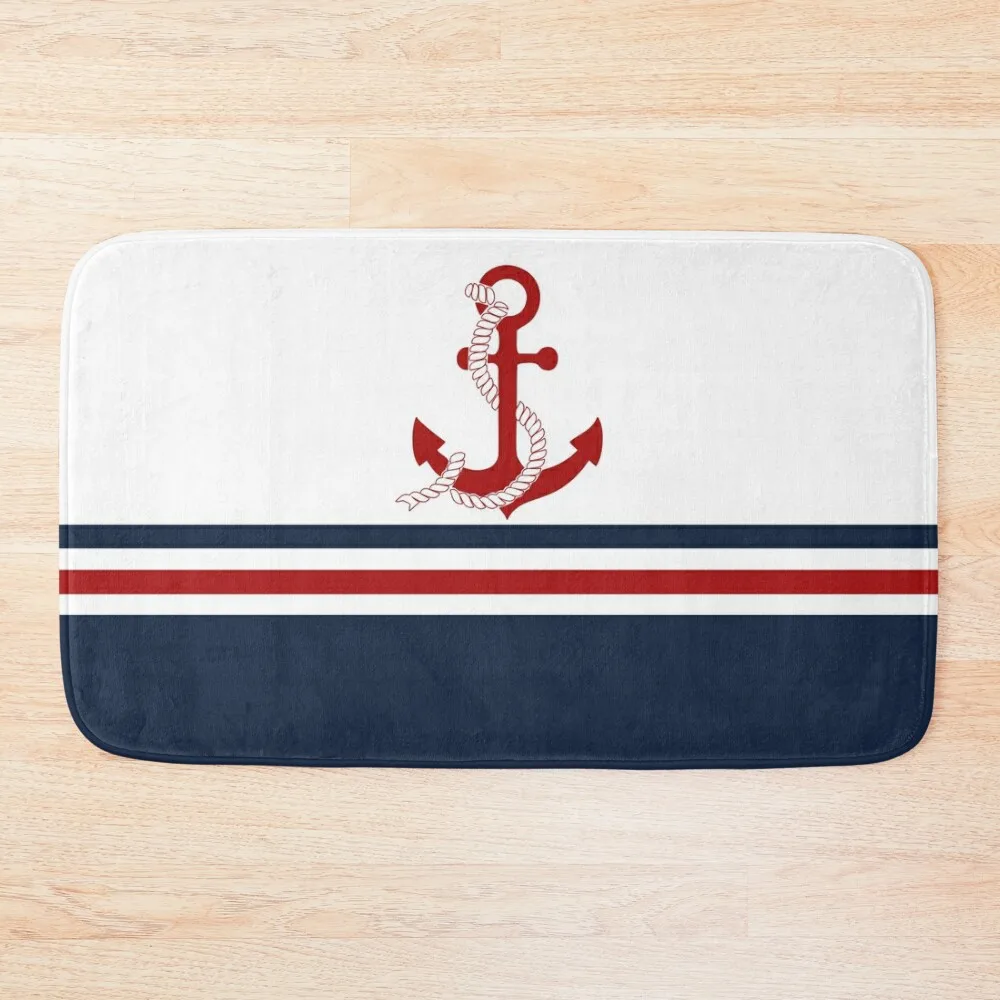 

Nautical navy blue and white stripes with a red anchor Bath Mat Carpet For Bath Anti-Skid Carpet Bathroom Mat