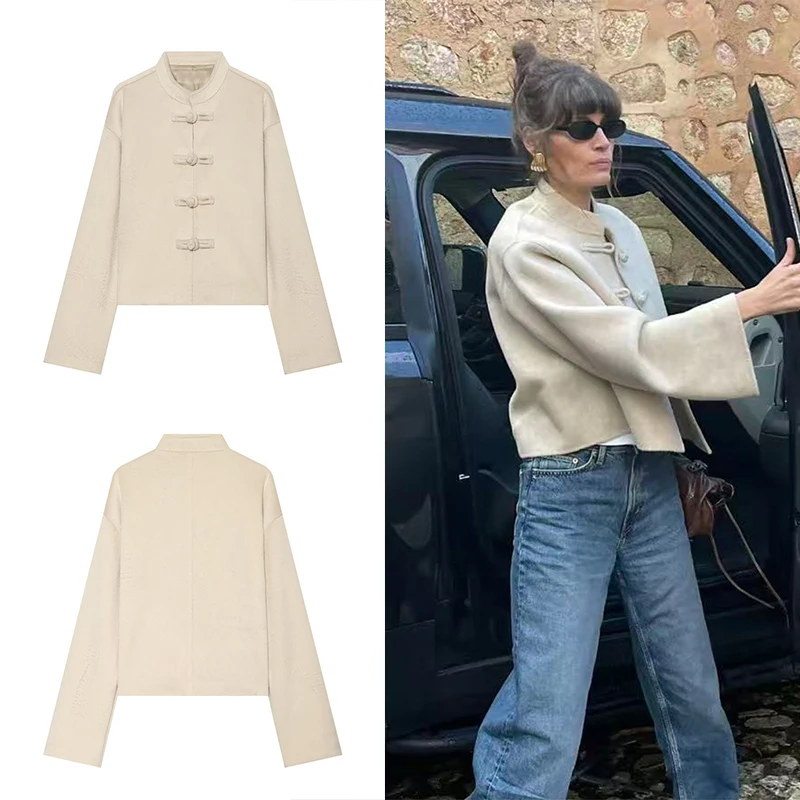 Guobioziy 2026 Autumn Women's Loose-Fit Short Jacket with Stand Collar and Frog Button Decoration Long-Sleeve Daily Coat